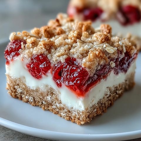 Chewy Raspberry Yogurt Oat Bars showing layers of creamy yogurt and tart fruit.