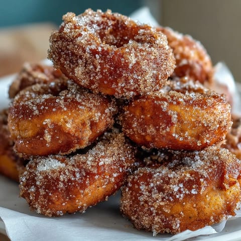 Warm, fluffy Sweet Potato Cinnamon Mini Donuts ready to be enjoyed with coffee.