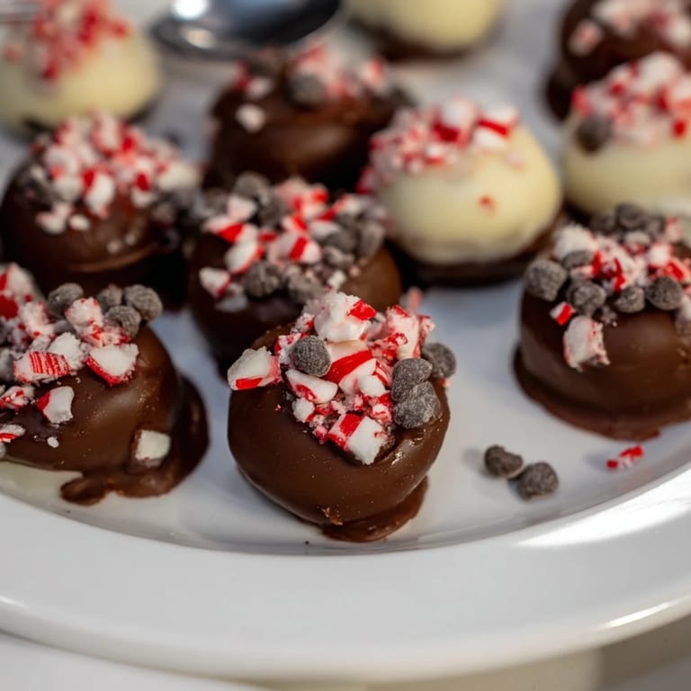 Delightful Charcuterie Board Peppermint Bark Balls coated in rich chocolate and festive peppermint.  