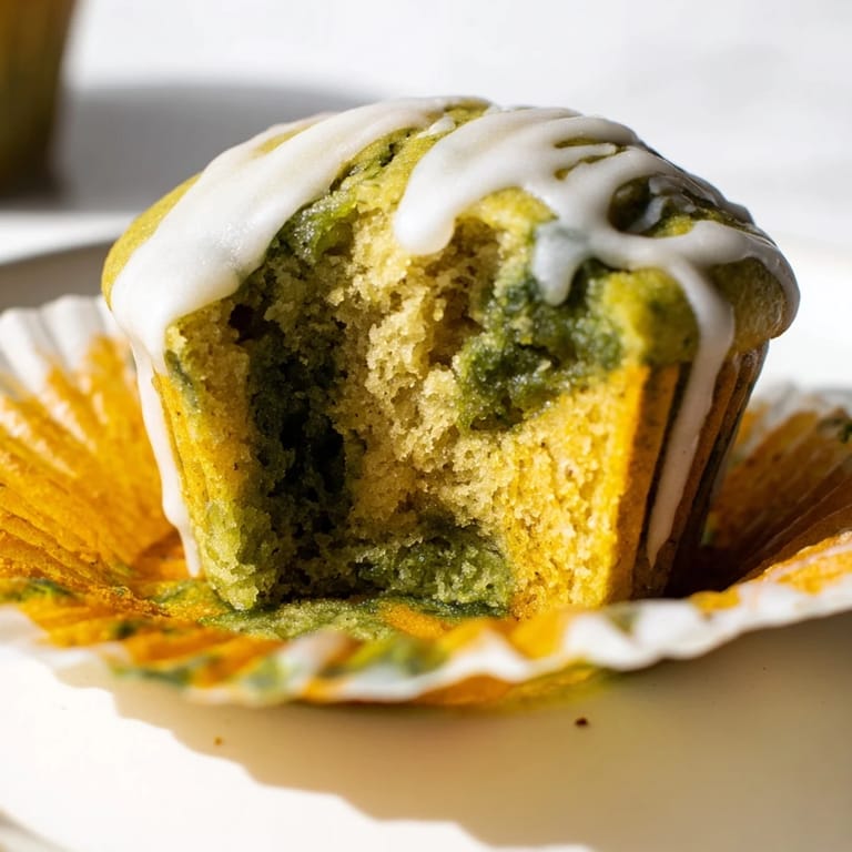 Deliciously sweet Matcha Pumpkin Scone Muffins topped with a light glaze for afternoon snacking.