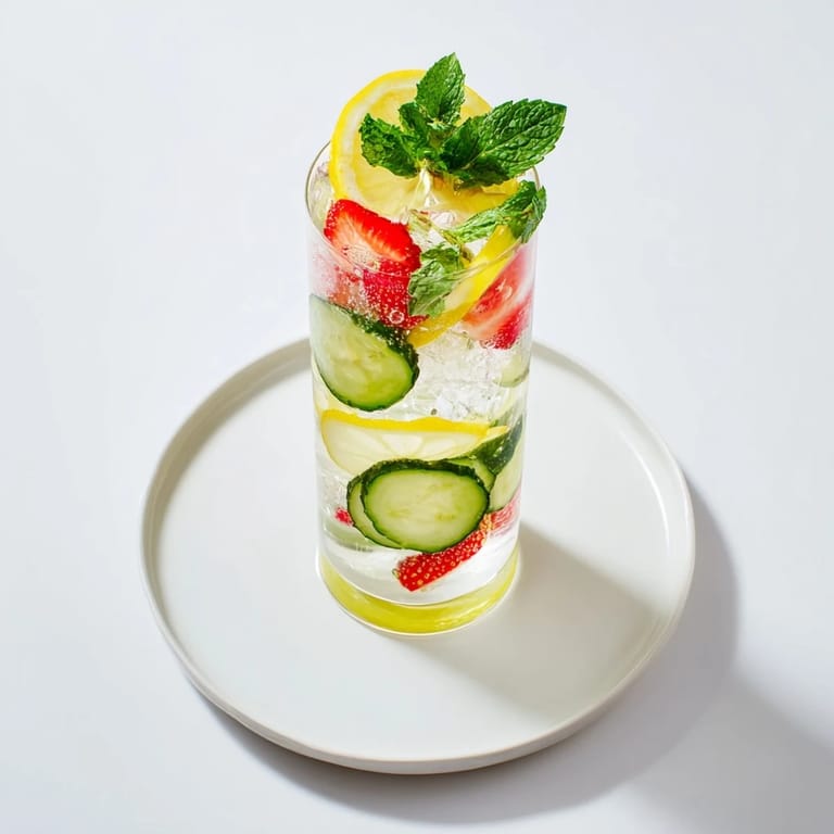 Vibrant mocktails infused with strawberries and lemons, served over ice cubes.  