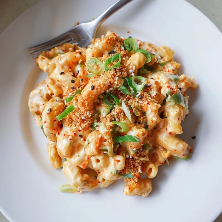 Decadent Spicy Kimchi Mac & Cheese, a fusion dish perfect for cozy dinners.