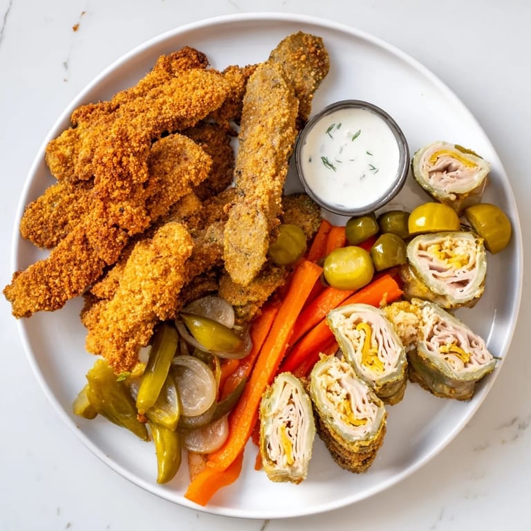 A medley of pickled vegetables complements the tangy Fried Pickles in a delicious spread.  