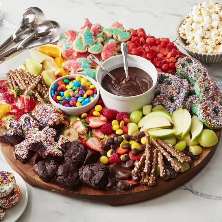 Visually stunning dessert board showcasing cookies, chocolates, and colorful treats.