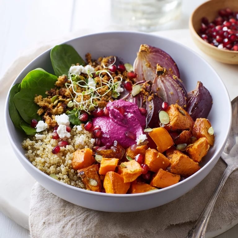 Colorful Spiced Winter Bowls featuring roasted vegetables and bright pomegranate seeds.