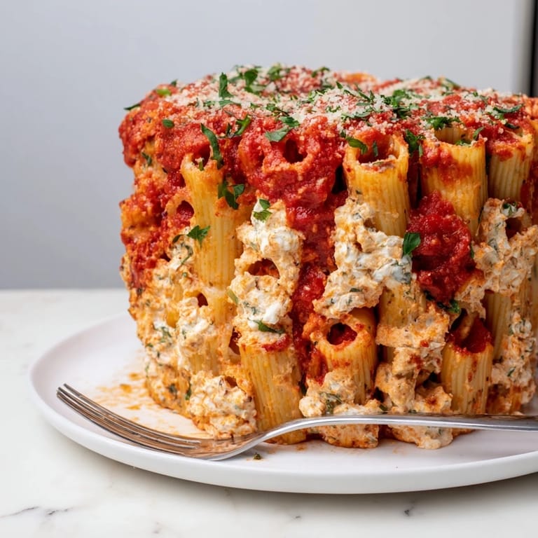 A visually stunning Honeycomb Pasta Cake featuring gooey melted cheese and fresh parsley.  