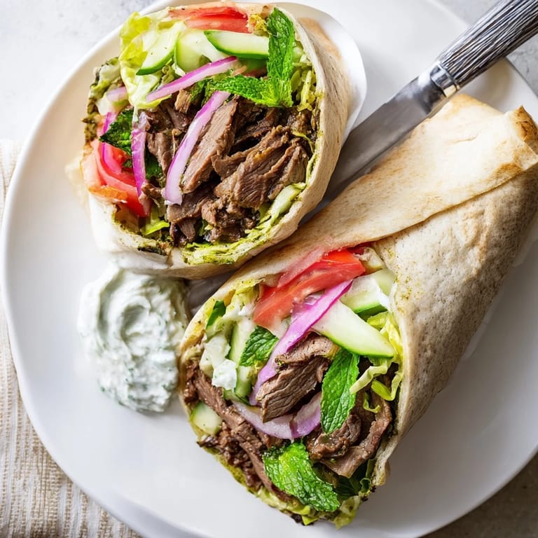 Delicious beef shawarma wraps in warm flatbread, drizzled with tangy yogurt sauce.  