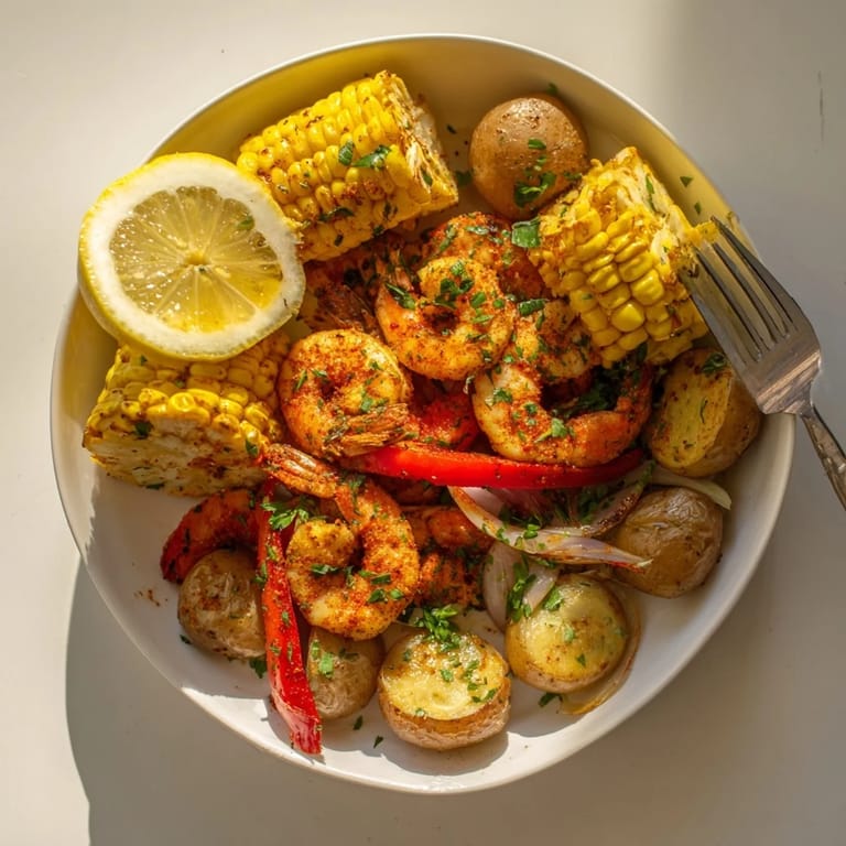 Spicy Cajun shrimp paired with tender corn and roasted potatoes on a platter.  
