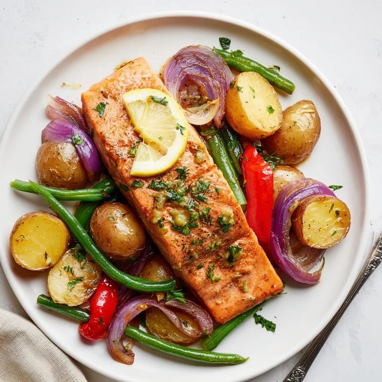 Flavorful Lemon Herb Salmon & Potato Sheet Pan, served with fresh lemon wedges for zest.  