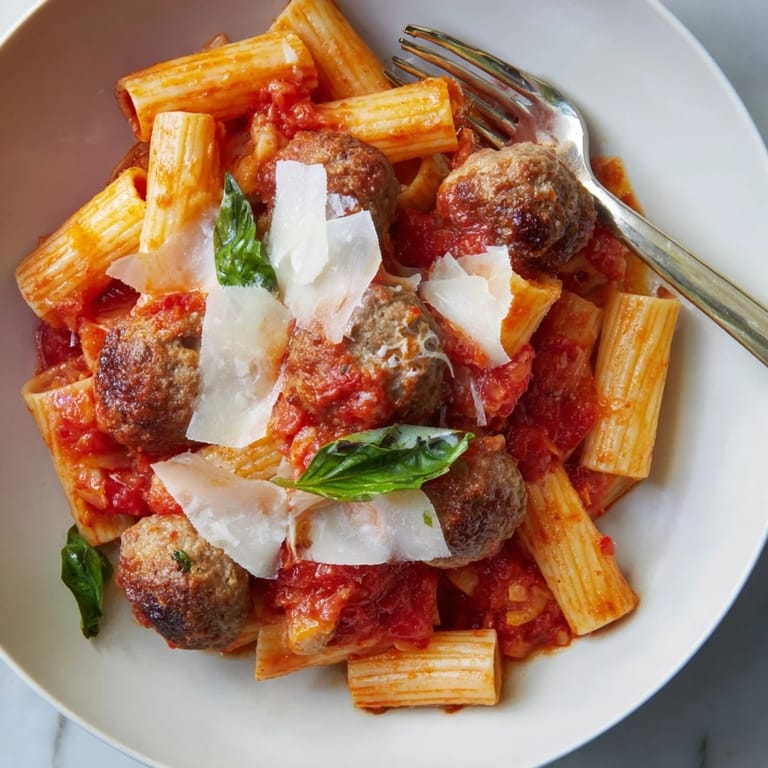 Comforting Italian Meatball Pasta Skillet simmered in rich tomato sauce and cheese.  