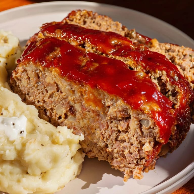 A heaping plate of Classic Meatloaf & Mashed Potatoes, drizzled with flavorful glaze, ready to eat.