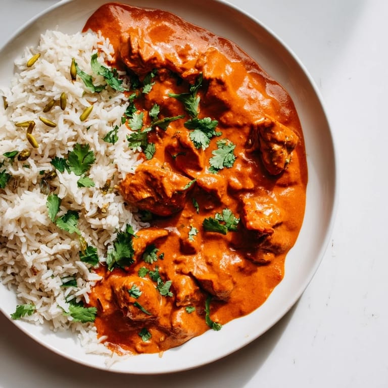 A beautiful plate showcasing rich Butter Chicken & perfectly fluffy Rice Pilaf, ready to eat.