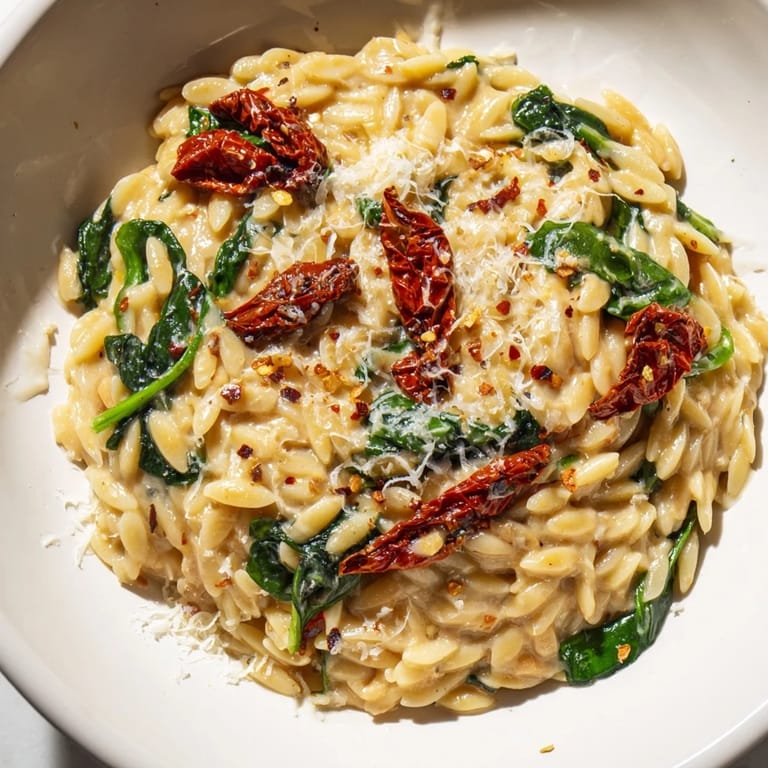 Enjoy a rich Creamy Tuscan Orzo Bowl, featuring perfectly cooked orzo and a savory, creamy sauce.