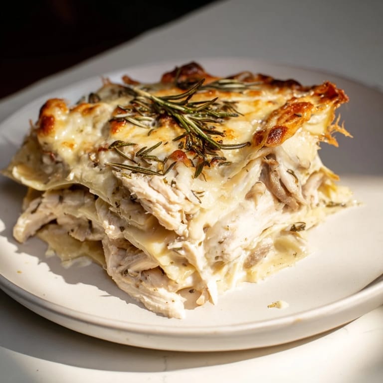 A close-up view of Rosemary Chicken Lasagna depicts layers of chicken, melted cheese, and creamy sauce, utterly delicious!