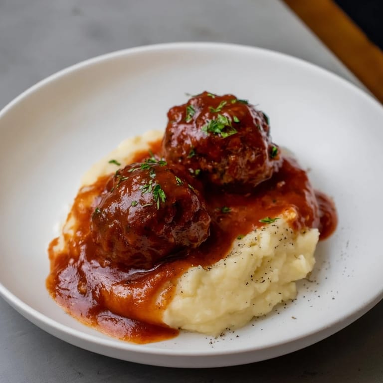 Smoky BBQ meatballs, served atop creamy mashed potatoes, offering a satisfying bite for this easy family meal.