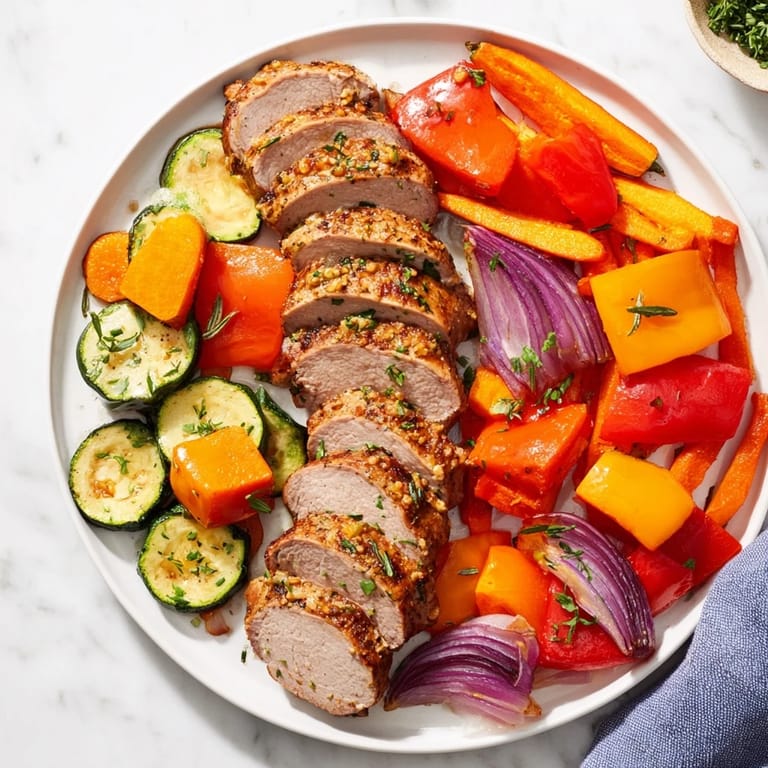 Close-up of a tender Roasted Garlic Pork Tenderloin with aromatic roasted vegetables, ready after baking.