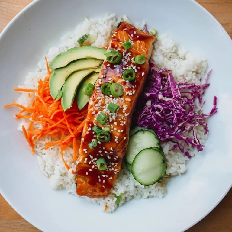 A delicious Sweet Chili Salmon Rice Bowl featuring perfectly cooked salmon, colorful toppings, and fragrant rice.