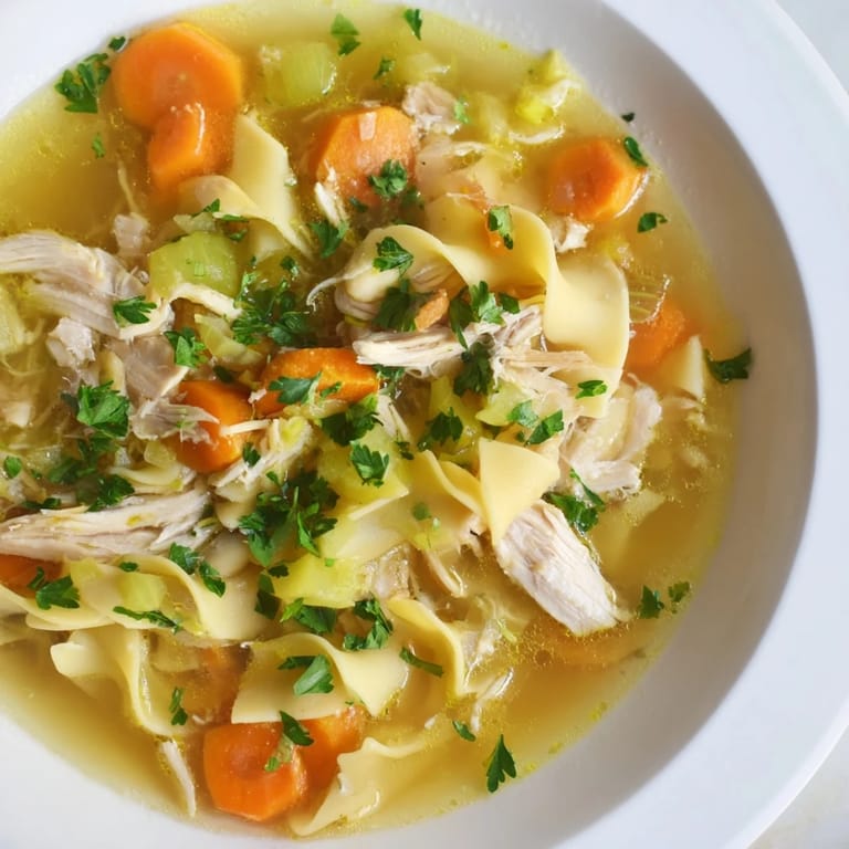 A close-up shot of homemade chicken noodle soup, showing the rich broth, herbs, and egg noodles.
