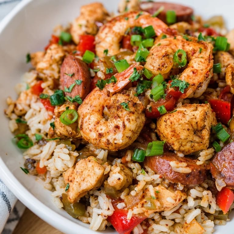 A close-up of a fully loaded Cajun Jambalaya Rice Bowl, rich with savory ingredients and spices.