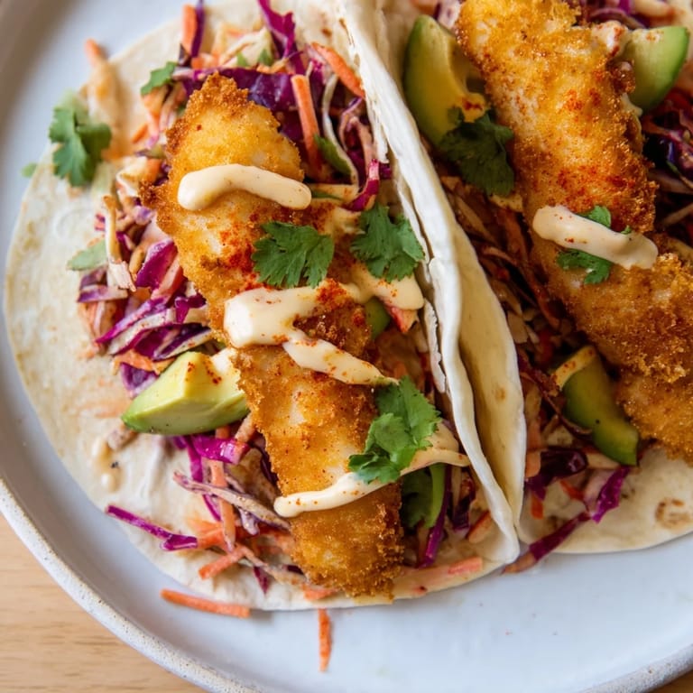 Freshly made Crispy Fish Tacos, featuring perfectly fried fish and a creamy sauce, are ready.