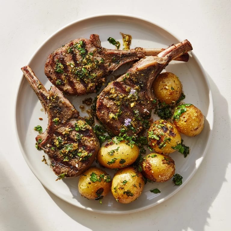 Close-up of tender herbed lamb chops and roasted potatoes, seasoned with herbs for flavor.