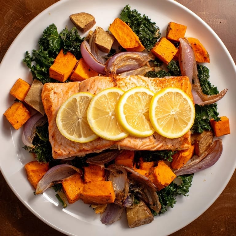 A healthy and colorful plate of sheet-pan salmon and roasted veggies, ready for a flavorful dinner.