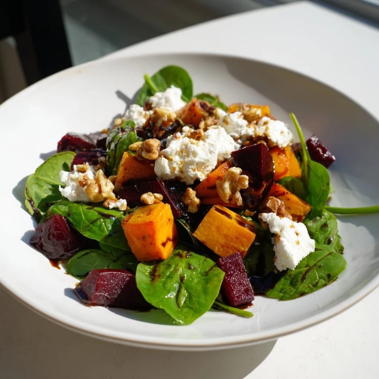 Warm, colorful Roasted Beet, Butternut & Spinach Salad: think tender roasted veggies and fresh goat cheese.