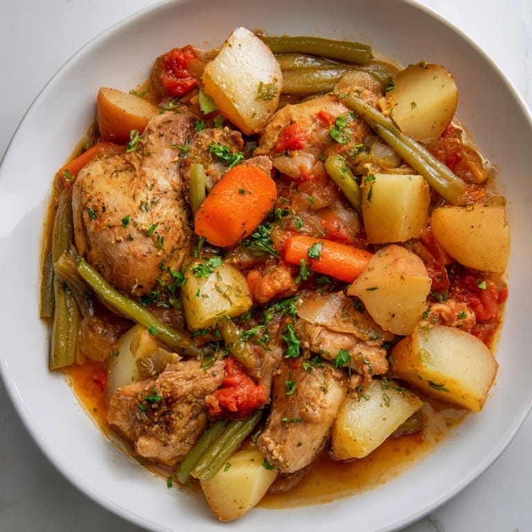 This close-up shows a rich, flavorful slow-cooker chicken & vegetable stew, garnished with fresh parsley.