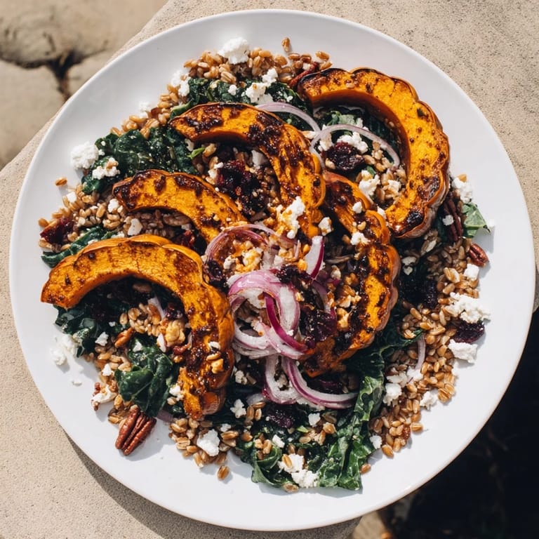 This Farro & Mustard Green Salad with sweet squash is a delicious, visually appealing vegetarian meal idea.
