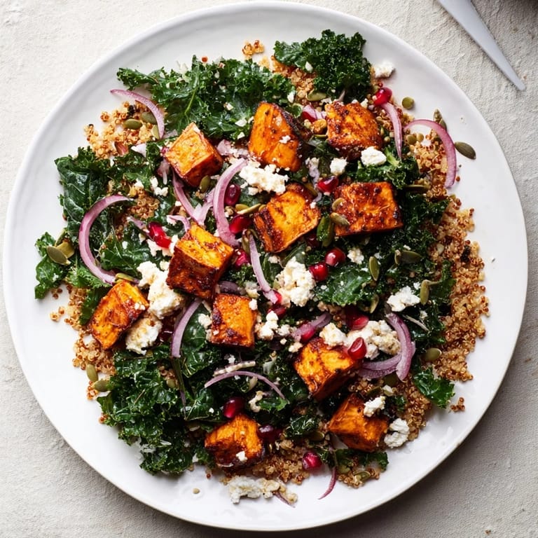 A colorful bowl of Kale & Quinoa Salad, featuring roasted sweet potatoes and a bright lemon dressing.