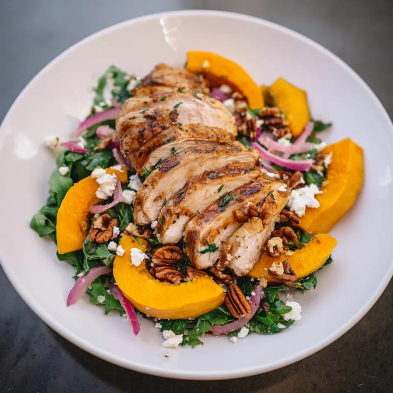 Warm Roasted Chicken & Winter Squash Sheet-Pan Salad, topped with pecans and feta; a flavorful dinner.