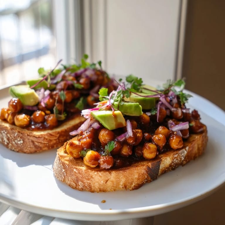 A plate of toasted bread topped with flavorful BBQ chickpeas, promising a delightful vegan meal.