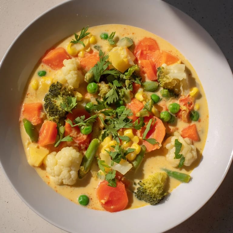 Deliciously creamy Veggie Coconut Curry with colorful vegetables, a flavorful vegan Indian-inspired dish.