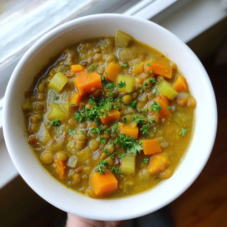 Flavorful Lentil Soup: a warming vegetarian main dish brimming with carrots, celery, and savory spices.