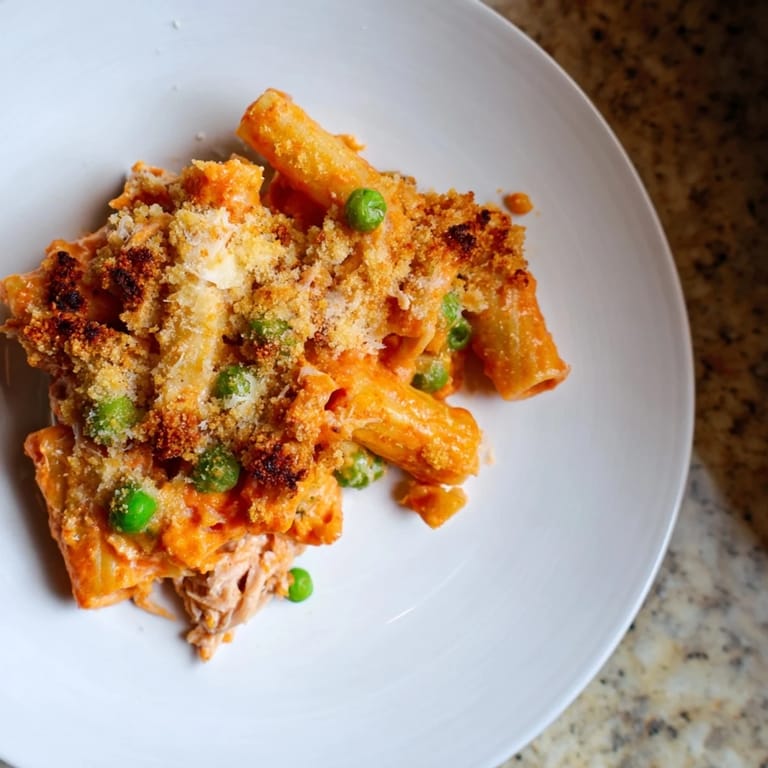 A close-up shot of a cheesy Tuna Pasta Bake, steaming hot and filled with tender pasta.