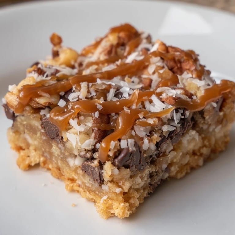 Golden baked 7-Layer Magic Bars topped with a luscious salted caramel drizzle, a decadent dessert.