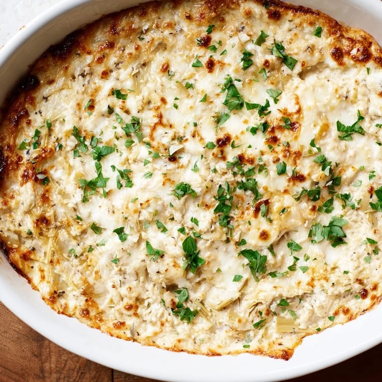 A bubbling baked artichoke dip showcases creamy cheese and tender artichoke hearts, ready to serve.