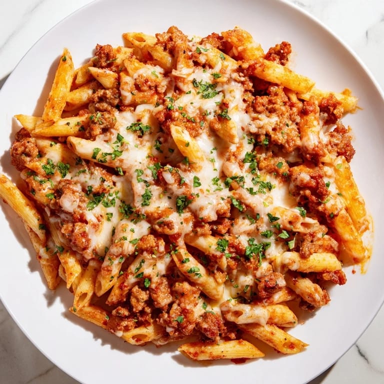 Close-up of a steaming Budget Sausage and Cheese Pasta Bake, showing flavorful sausage and cheesy pull.