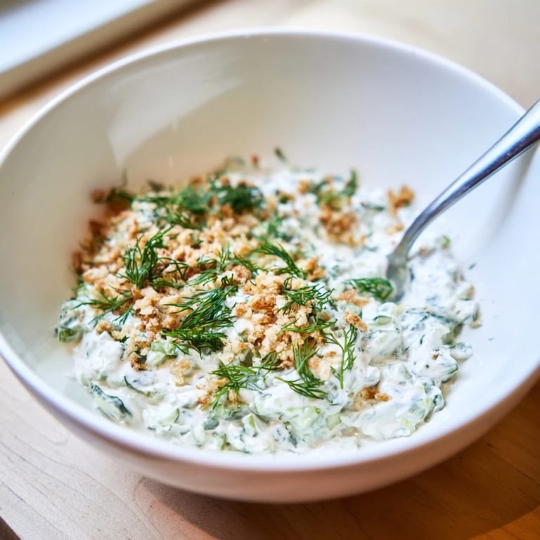 Tangy fried pickle dip served in a bowl, topped with toasted panko, ready to enjoy.