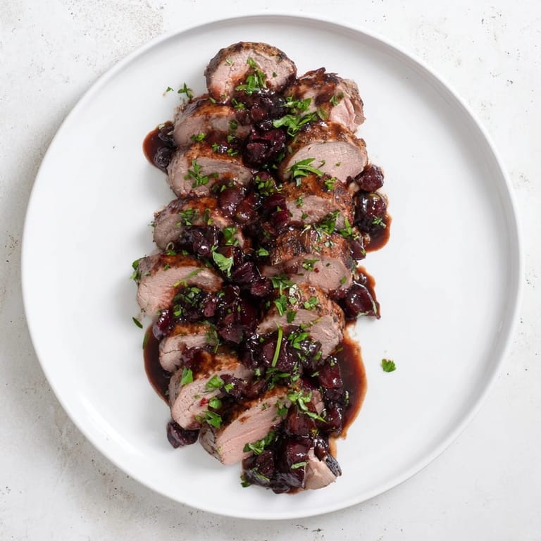 Juicy slices of Tart Cherry Date Glazed Pork Tenderloin, showing the sweet, sticky glaze on each piece.