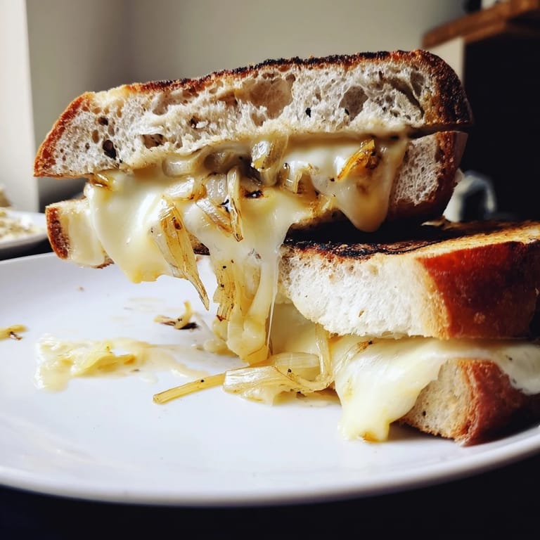Savory and cheesy French Onion Grilled Cheese with caramelized onions; a comforting meal perfect for a cozy dinner.