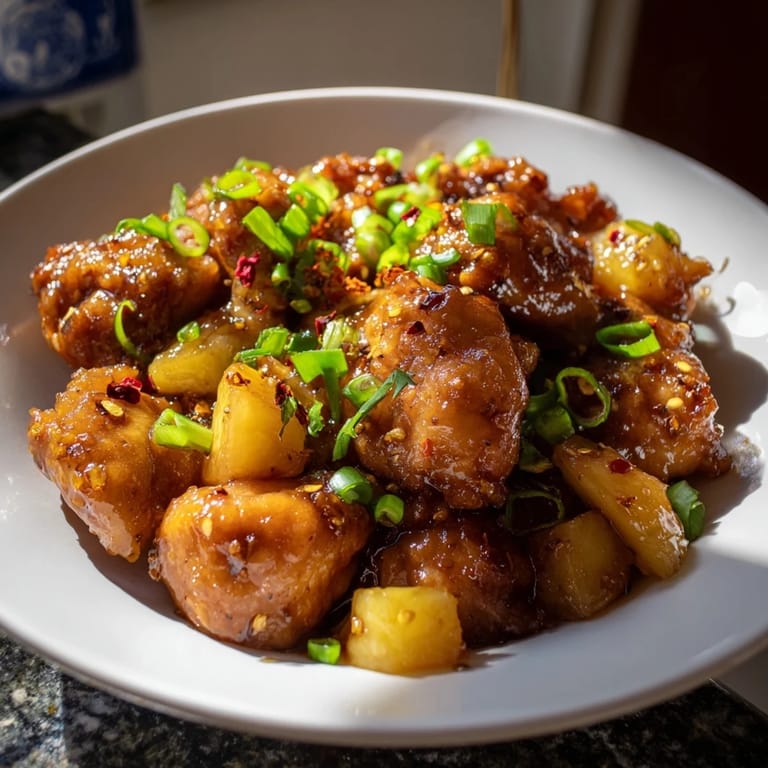 Juicy chunks of brown sugar pineapple chicken covered in a savory glaze, perfect for any dinner.