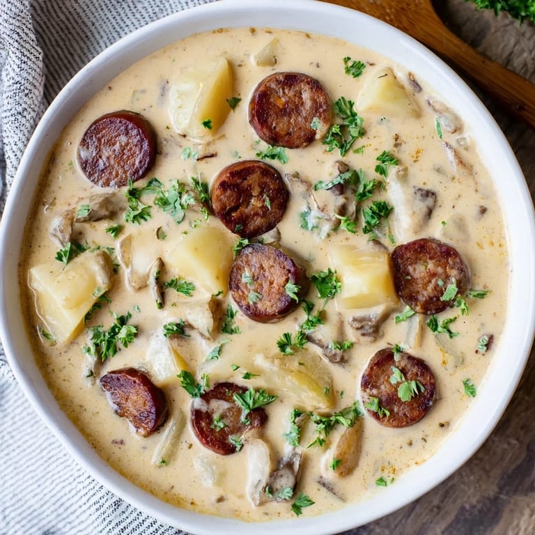 Golden-hued Creamy Chorizo Potato Soup, showcasing tender potatoes and spicy chorizo, perfect comfort food.