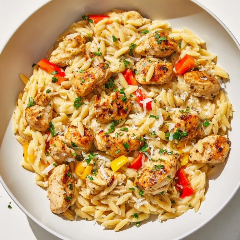 Golden chicken and vibrant peppers mingle with orzo in this rich One-Pot Cajun Chicken Alfredo.