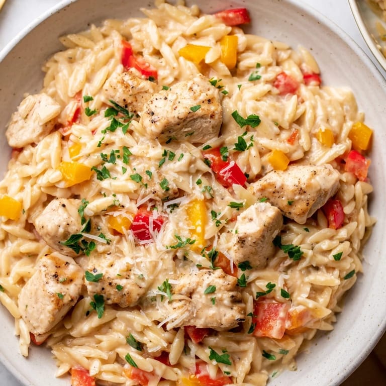 Imagine the aroma! This savory One-Pot Cajun Chicken Alfredo orzo simmers with cheesy perfection.
