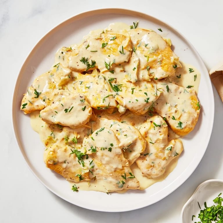Tender, juicy lighter creamy tarragon chicken, ready to enjoy, with a creamy, herby sauce.