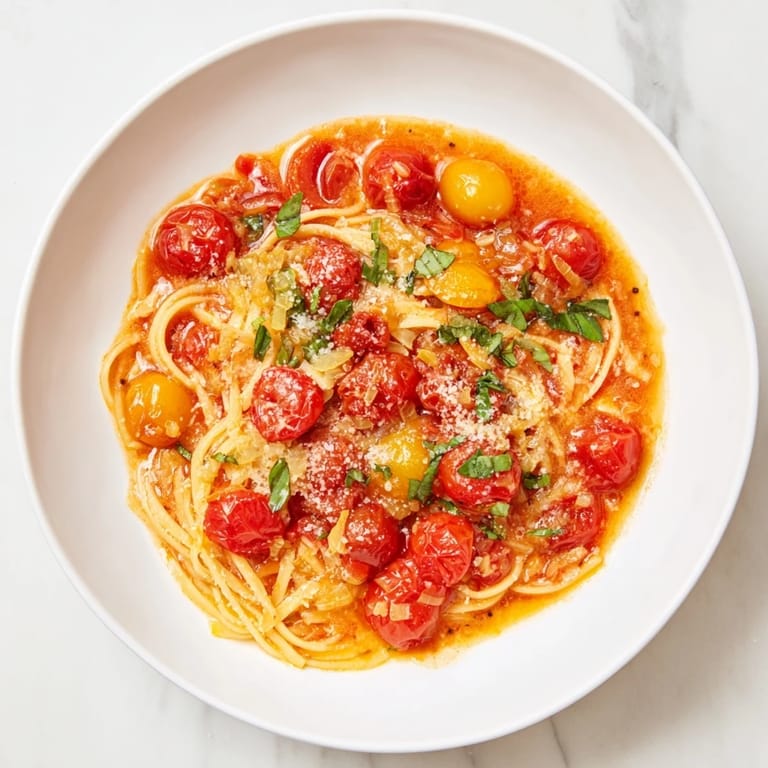 This vibrant dish of Cozy Fireplace Tomato Basil Pasta is bubbling, ready for a warm dinner.