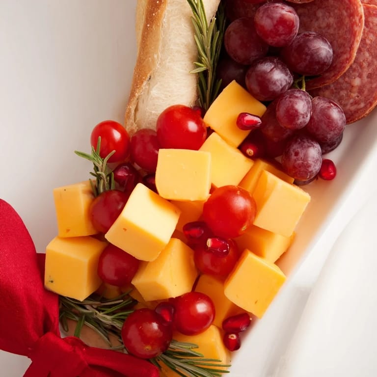 This Christmas Stocking Snack Tray displays beautiful arrangements of crackers, vibrant grapes, and olives for serving guests.