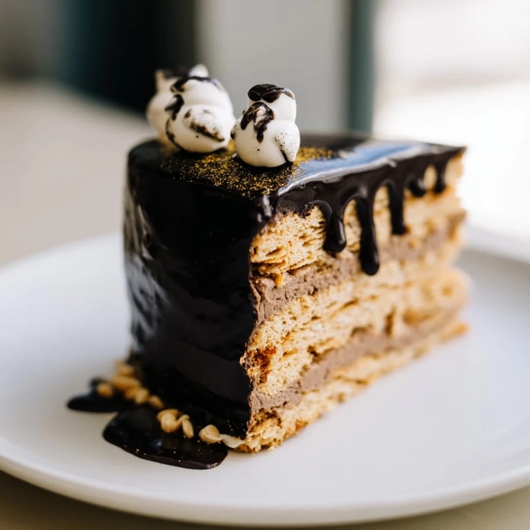 A decadent slice of Plaisirs Sucrés Hibou de la Nuit shows layers of hazelnut and chocolate bliss.