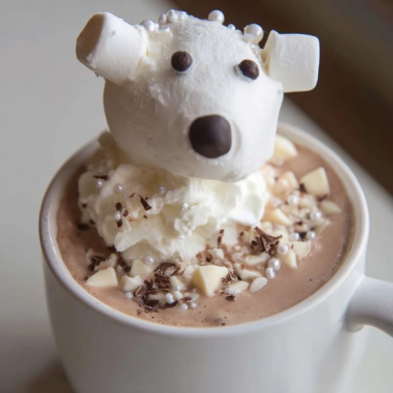 Creamy Polar Bear Hot Chocolate topped with whipped cream, marshmallow bears, and shredded coconut, a cozy delight.